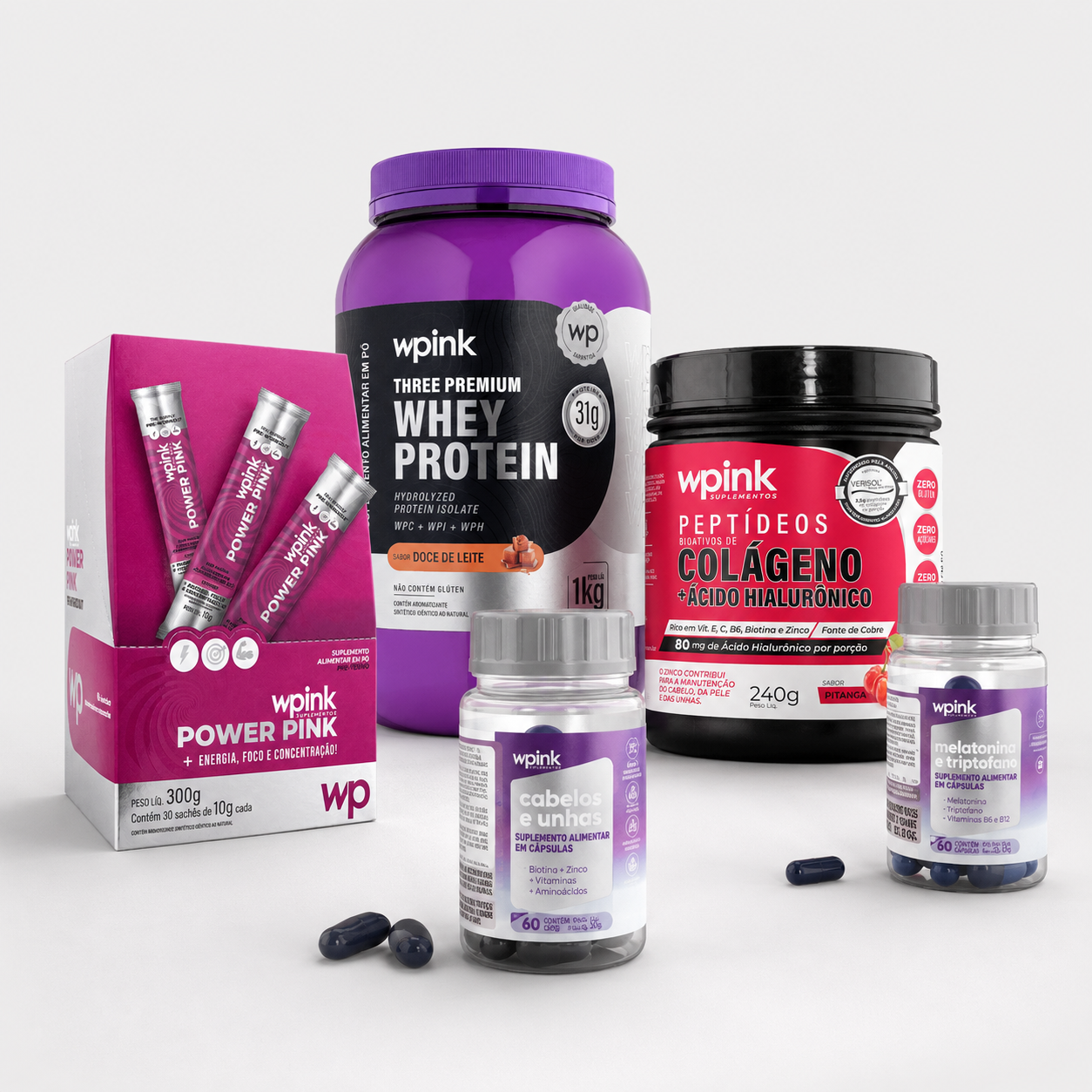 Kit Completo de Suplementos Wpink: Cabelos, Unhas, Treino, Sono, Colágeno e Whey